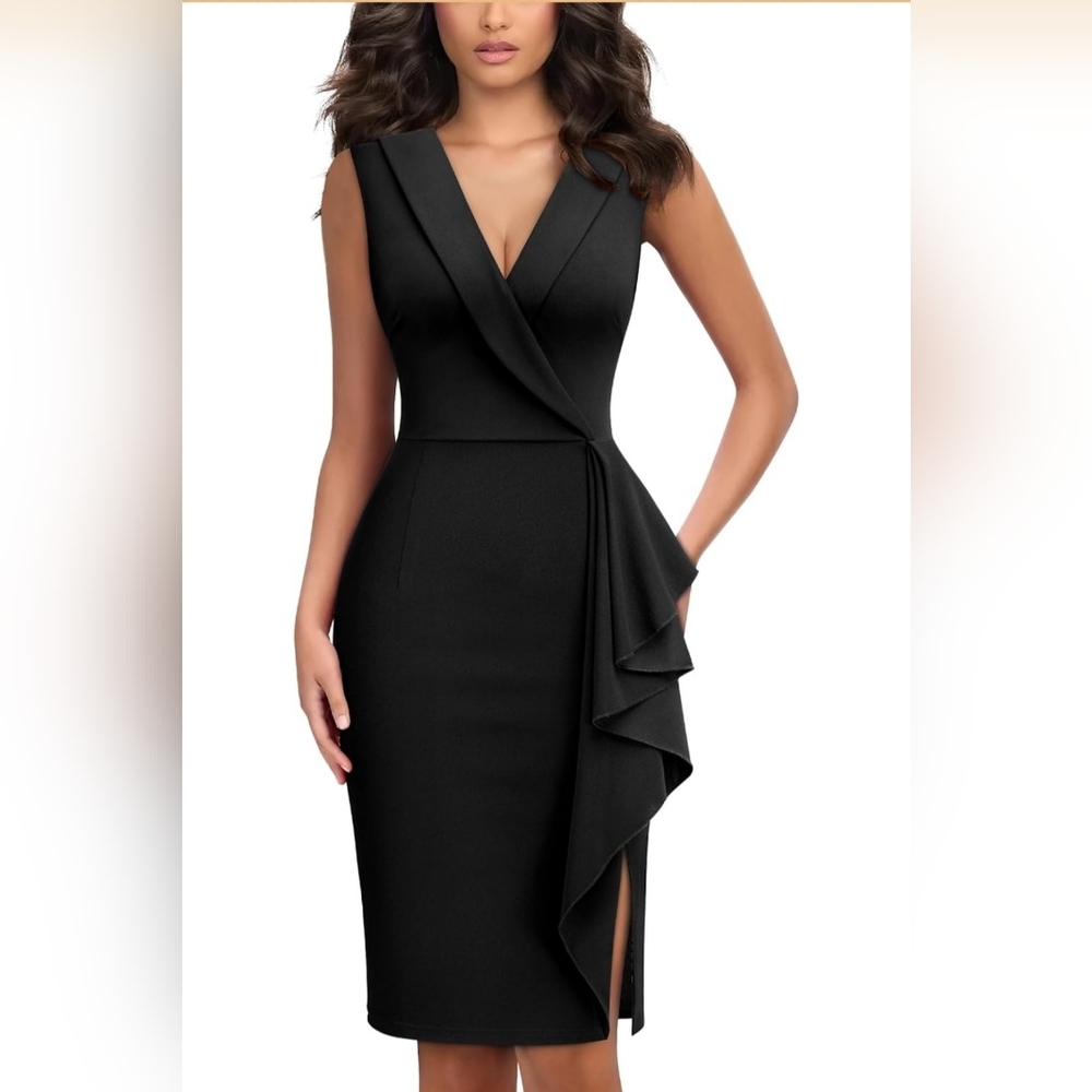 Black Wrap Pencil Cocktail Dress | Ruffle Detail Work Dress | Size L